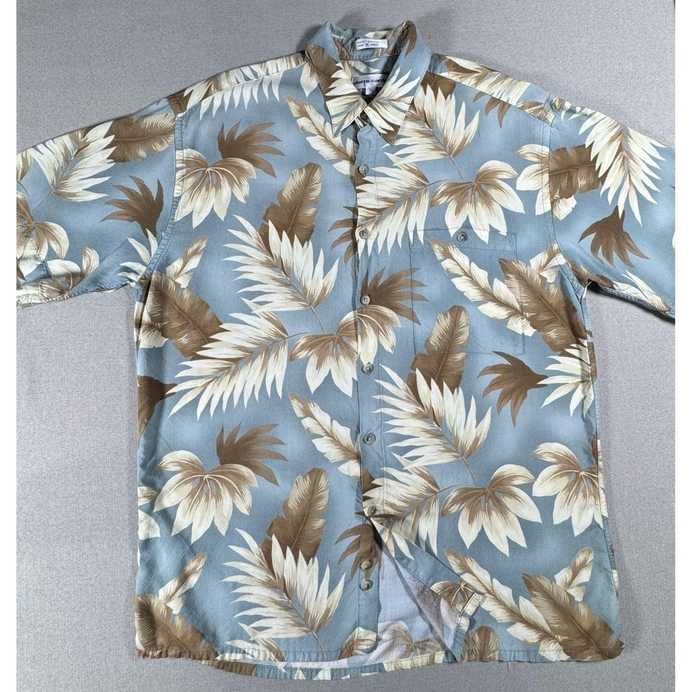 Pierre Cardin Hawaiian Shirt Men's Large Blue Brown Floral Rayon Button Up